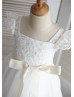 Ivory Lace Tulle Puff Sleeves Knee Length Flower Girl Dress 